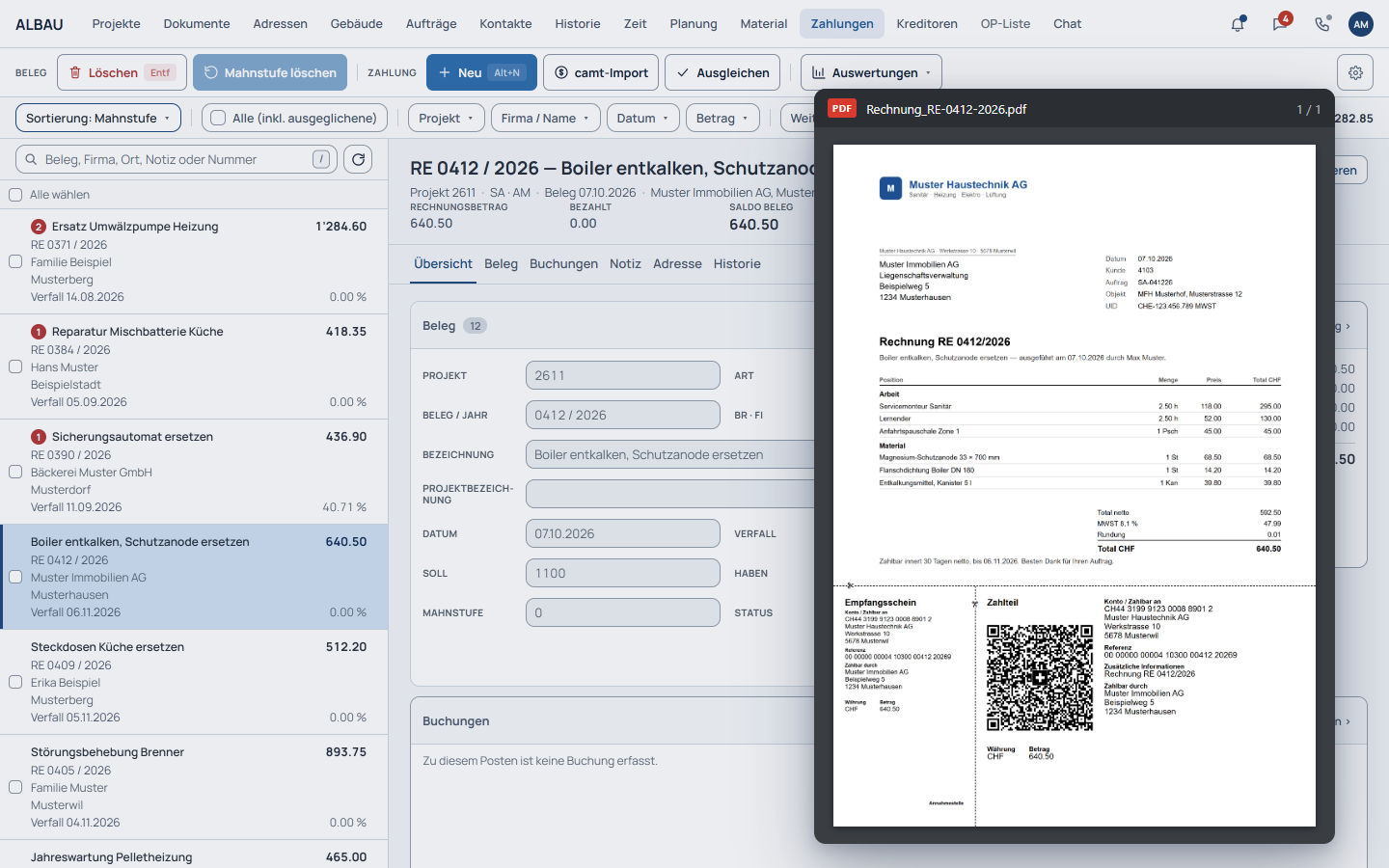 DEBITOR-Plus in ALBAU Web: offene Posten mit geöffneter QR-Rechnung als PDF