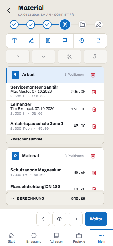 Service-App auf dem Telefon: Rapport mit Positionen für Arbeit und Material