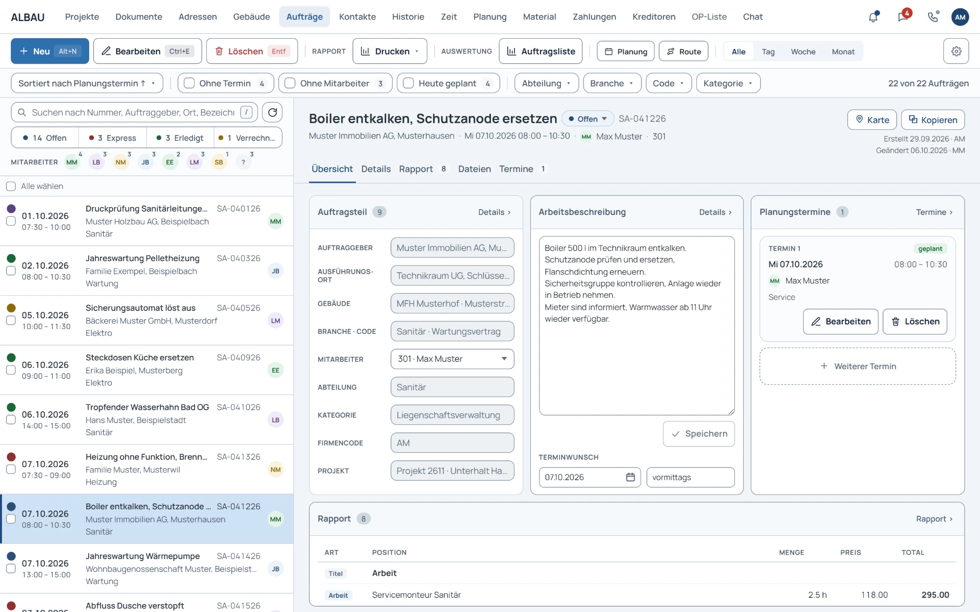 ALBAU Web im Browser: Werkbank mit Auftragsübersicht