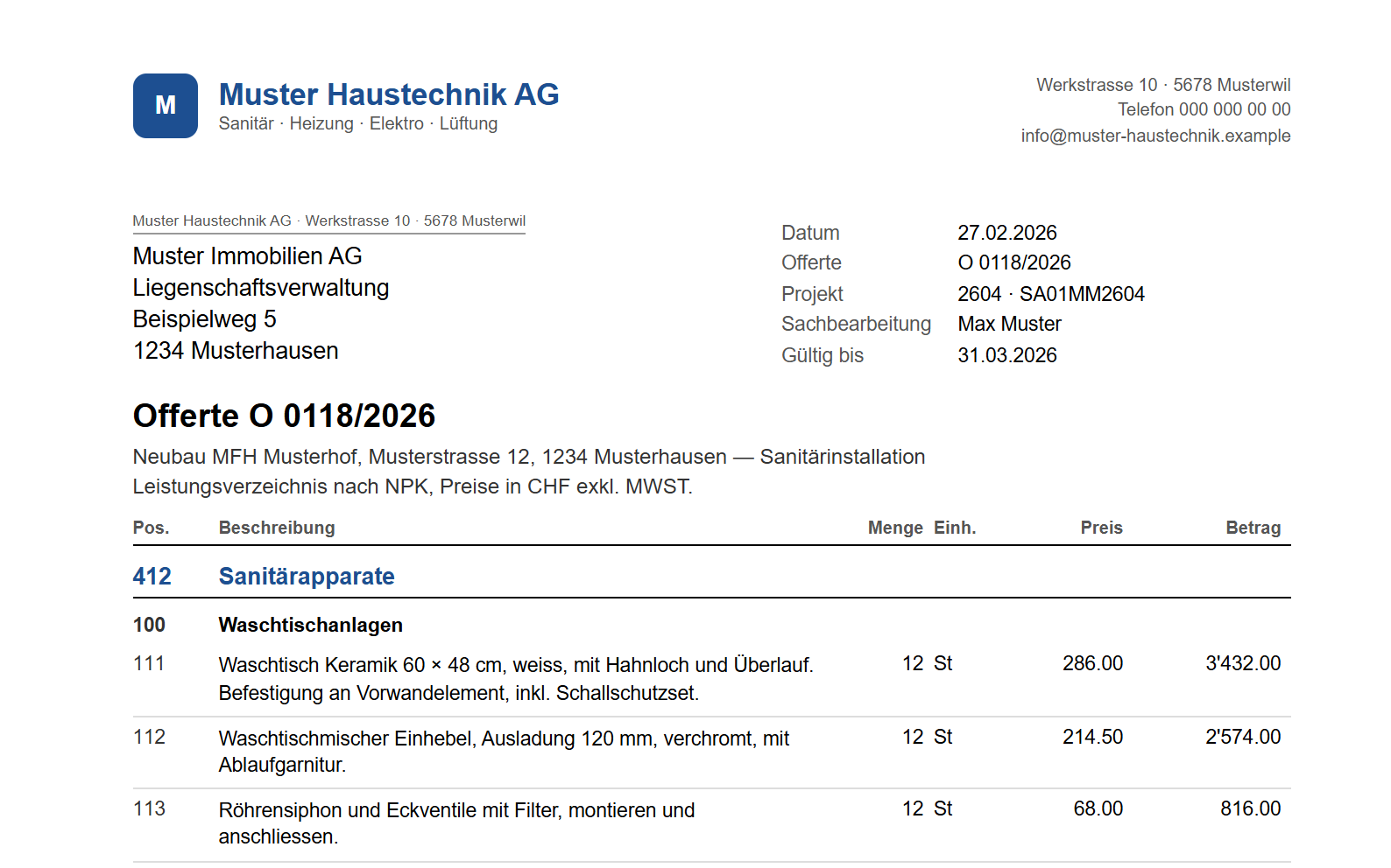 NPK-Offerte als PDF: Briefkopf, Kundenadresse und erste Positionen der Sanitärapparate