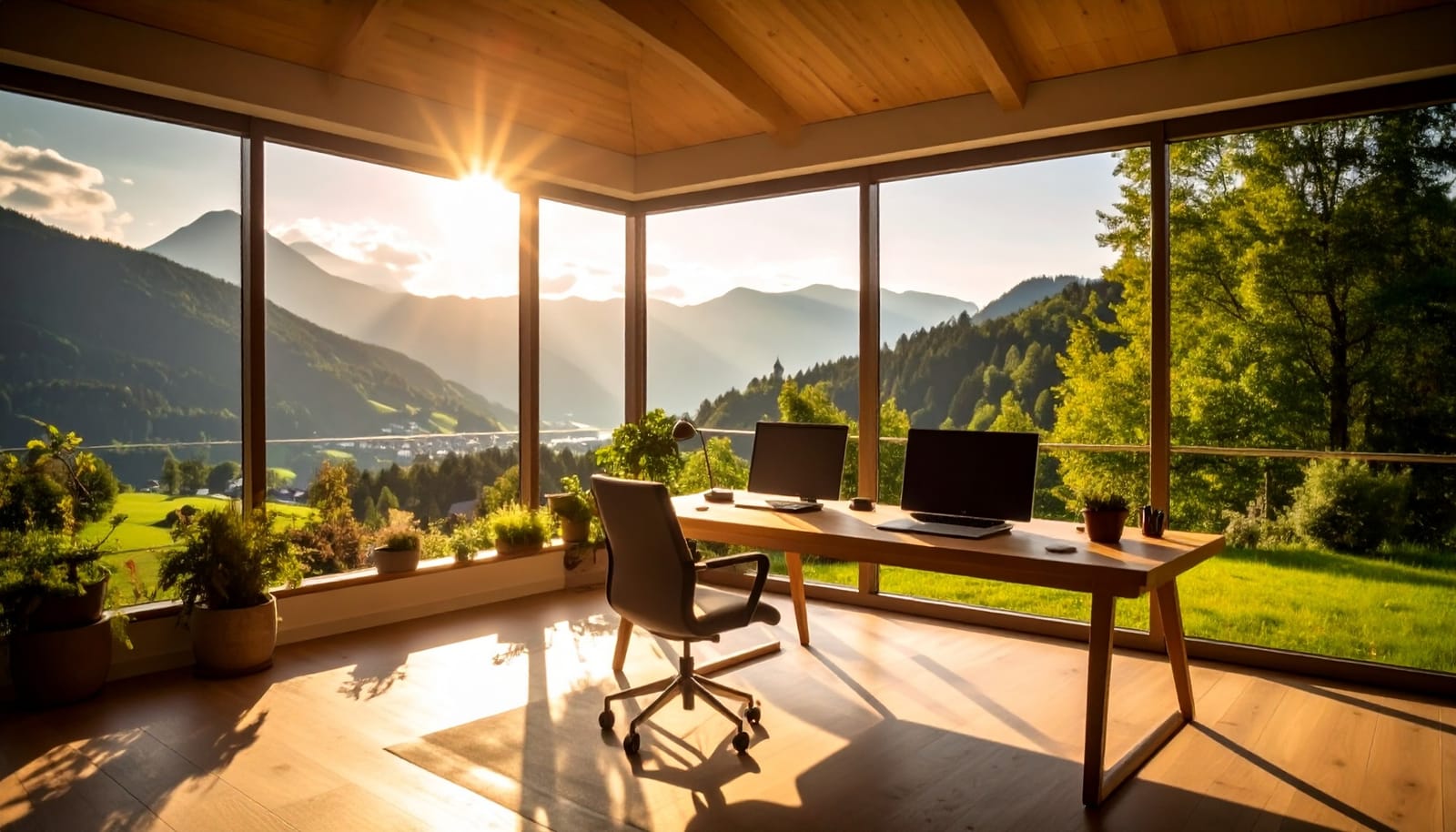 Arbeitsplatz mit Blick über ein Bergtal im Abendlicht – Platzhalterbild