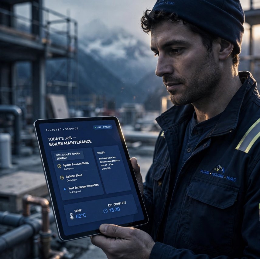 Monteur mit ALBAU Service-App auf dem Tablet